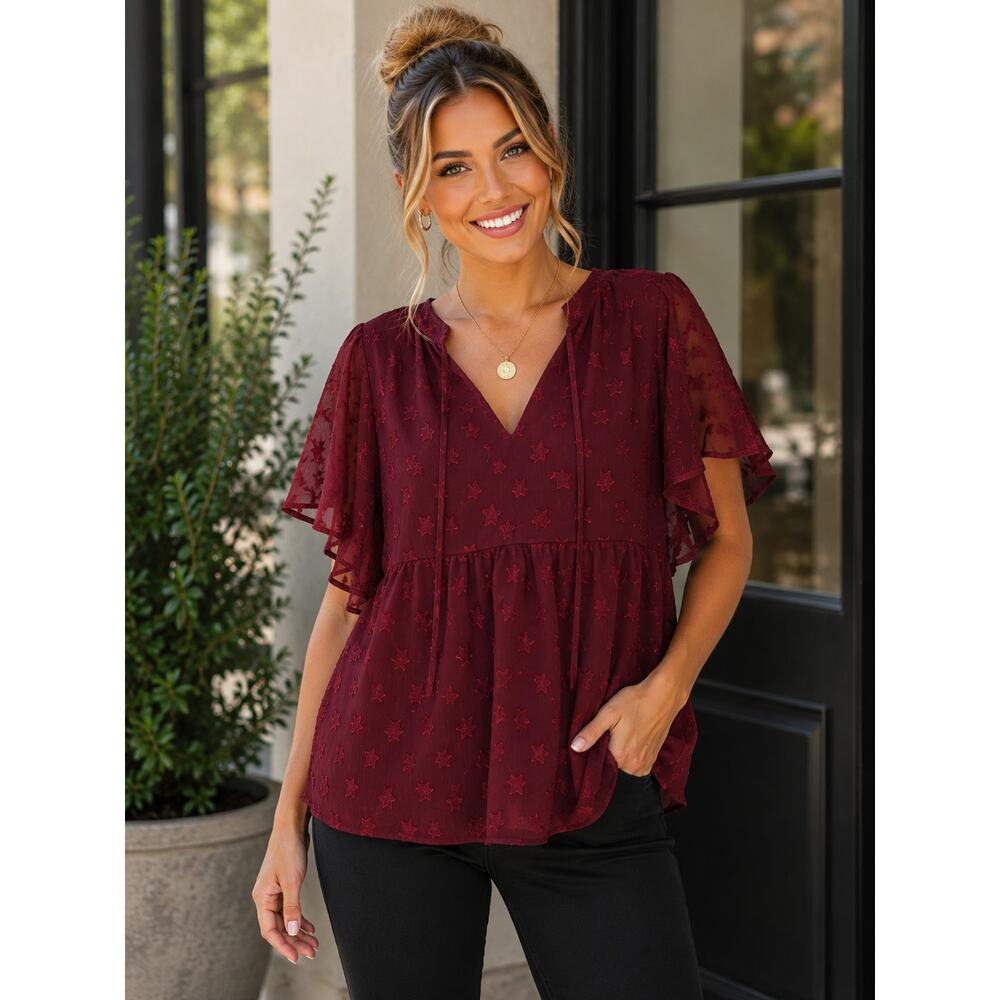 BLOOMCHIC Burgundy Swiss Dot Star Flutter Sleeve Blouse – Size 12